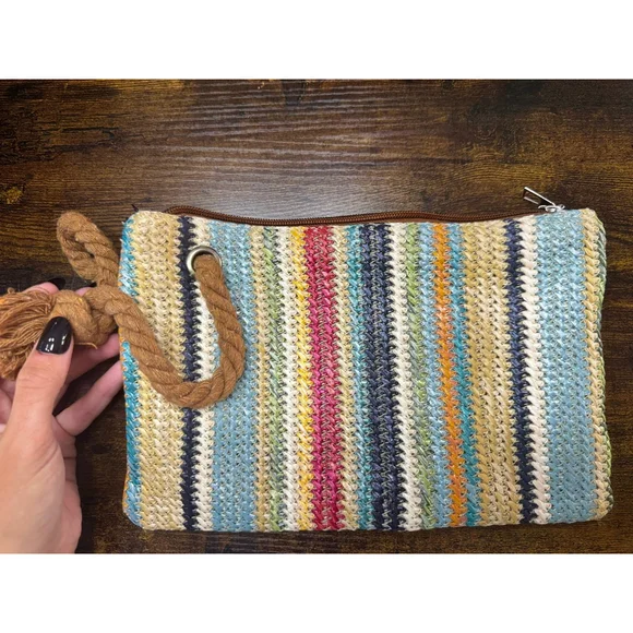 Multicolored Boho Style Straw Stripe Wristlet Clutch bought via boutique for $24 - Picture 2 of 5
